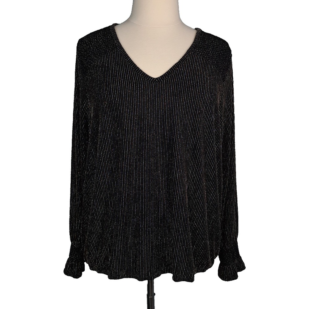 Premise‎ Top Black Silver Gold Pinstripes Womens 3X Stretch Knit Sparkly Glam